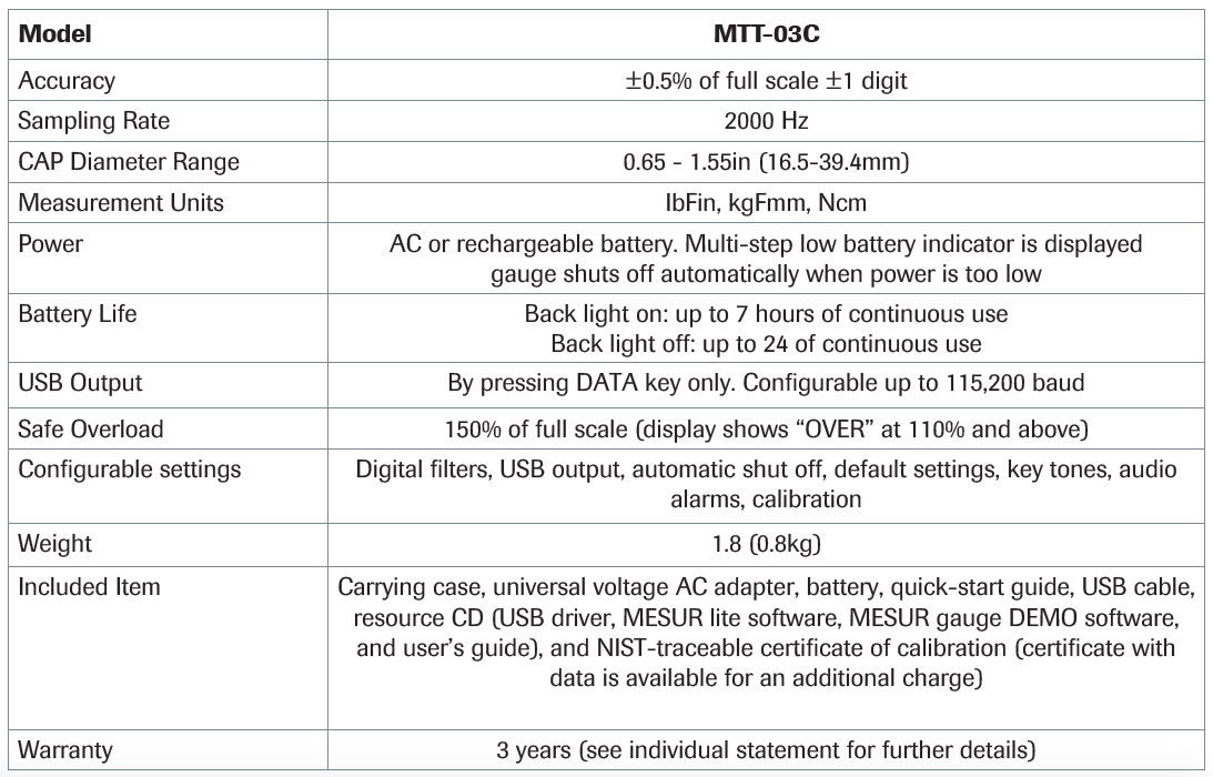 MTT03C 100 – Digital Cap Torque Gauge specification