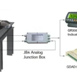 Hopper scale system diagram with WMBP 6000WM3 weigh modules, JB4 junction box and GR300 indicator
