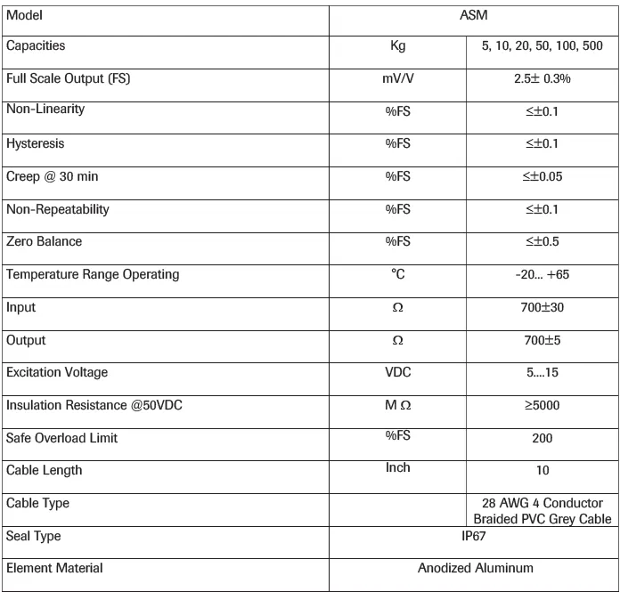ASM 8031 Anodized Aluminum Load Cell specification